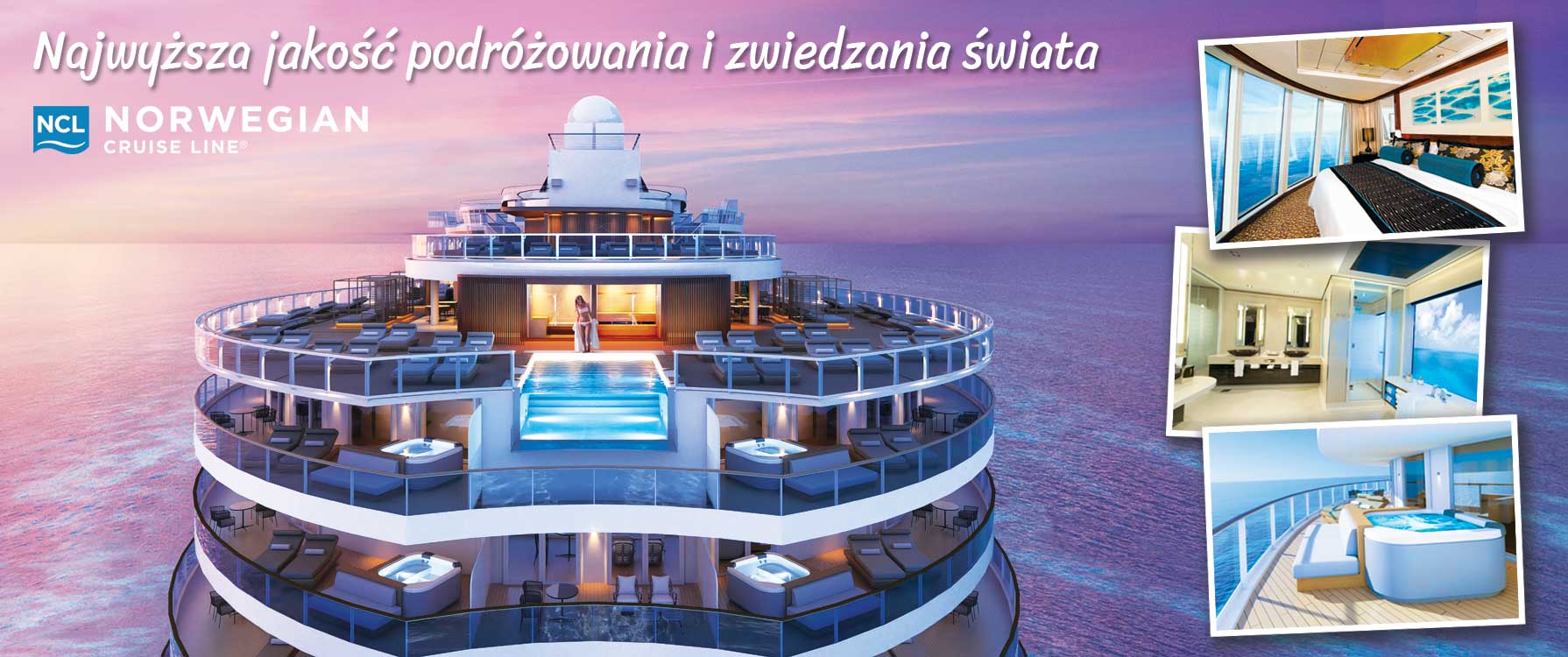 Basen i jacuzzi na rufie statku linii żeglugowej NCL podczas zachodu słońca